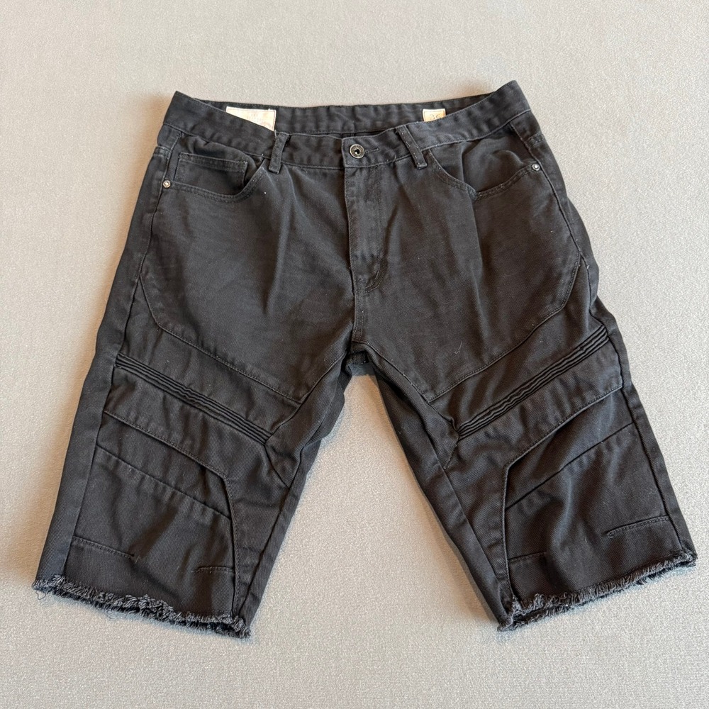 Smoke Rise DNM Co Men's Black Moto Biker Denim Shorts Jorts Raw Hem Size 36